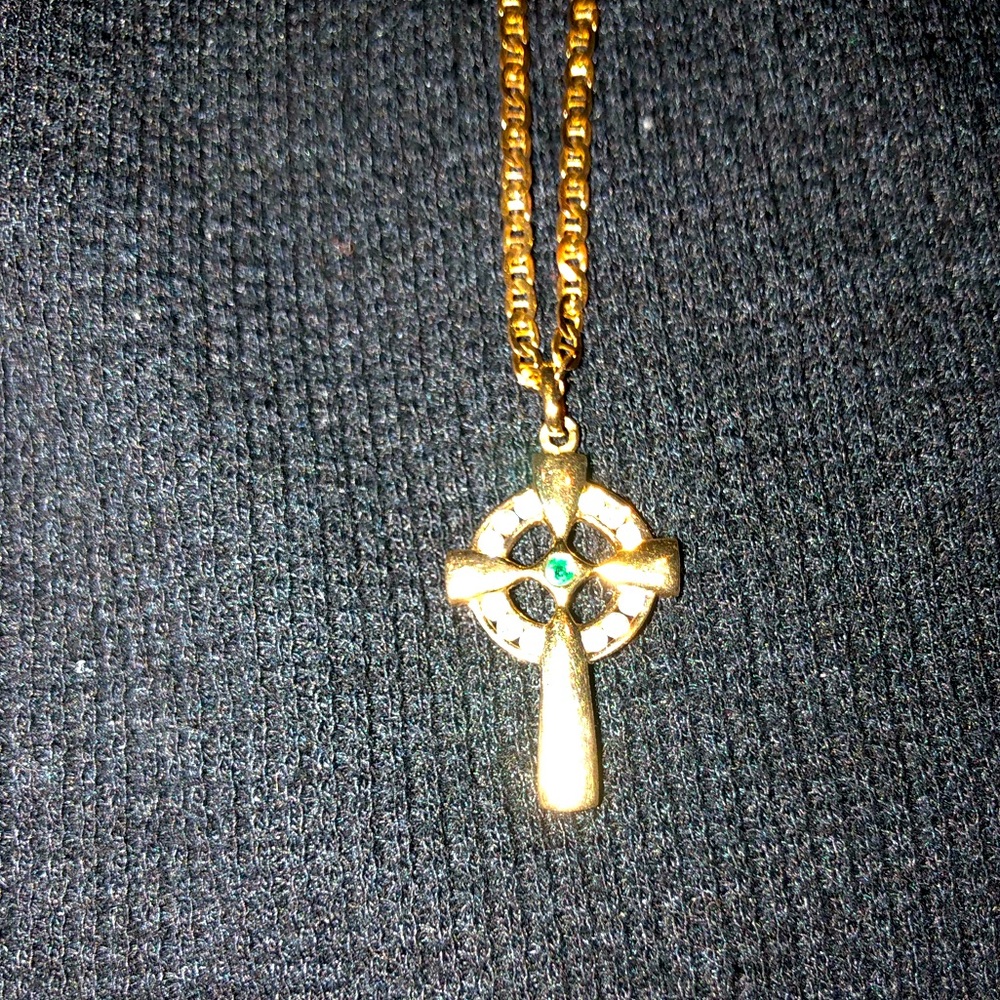 Beautiful 20” 14k gold Celtic cross necklace with diamond and emerald accents.